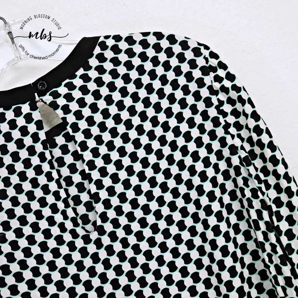 Kate Spade Geometric Dot‎ Bow Neck Silk Blend Blouse Black White Green Women S